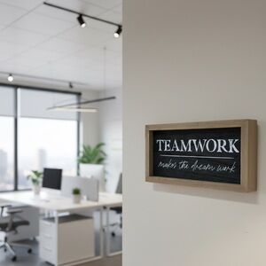 Modern Farmhouse Wood Framed Sign - "Teamwork Makes the Dream Work" Office Decor